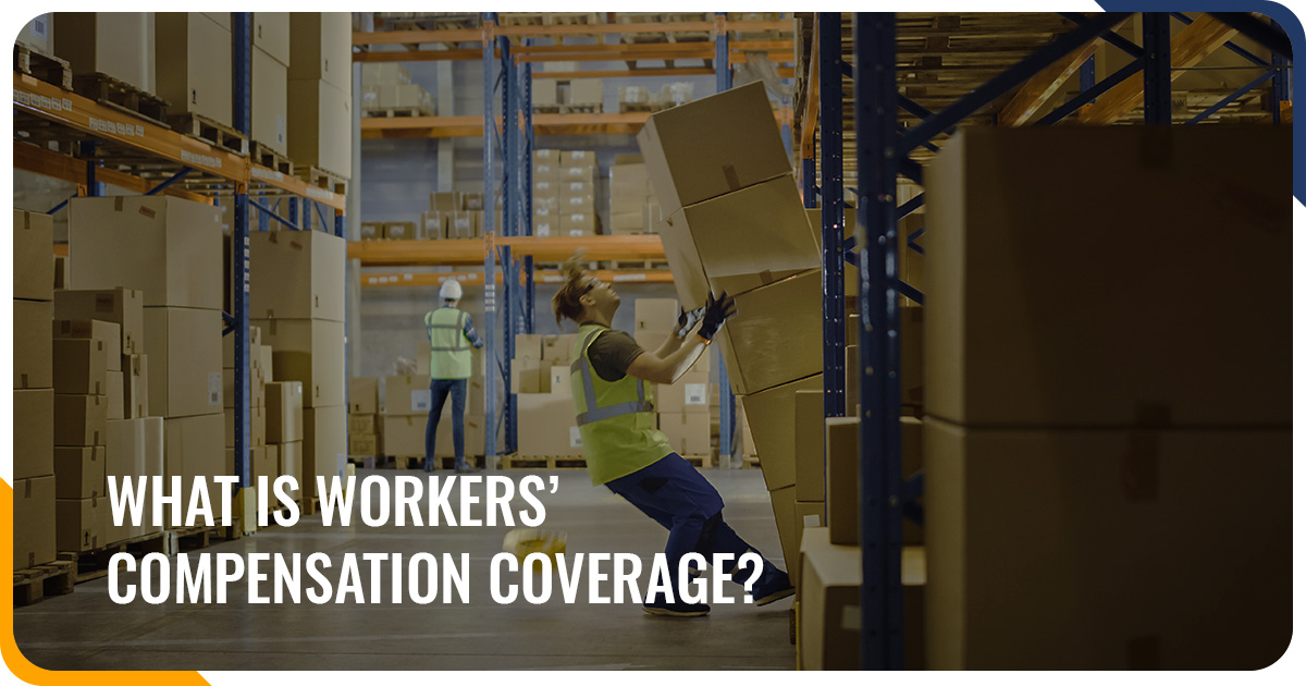 Warehouse worker leaning backwards with boxes about to fall on him, demonstrating the need for workers' comp